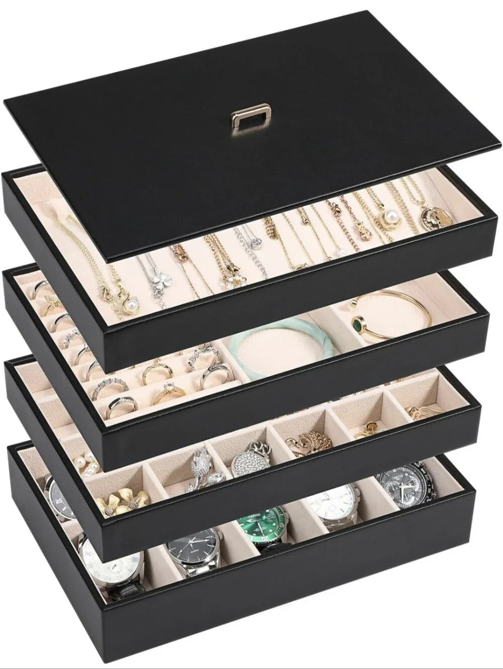 Voova Stackable Jewelry Organizer Tray with Lid (Set of 4, Black)